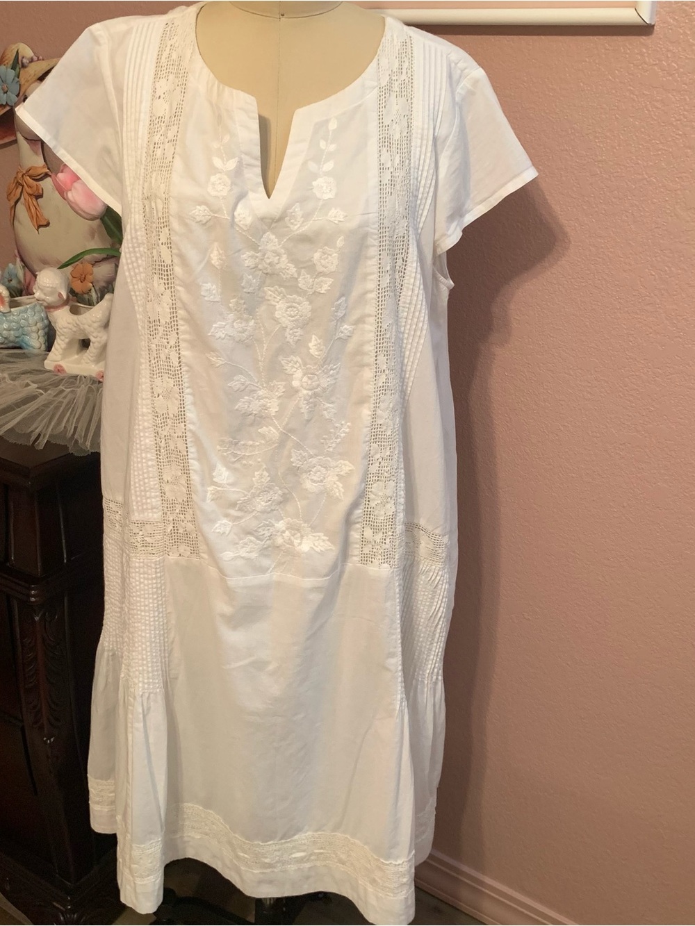 APRIL CORNELL White Embroidered Split-Neck Women's Tunic Dress